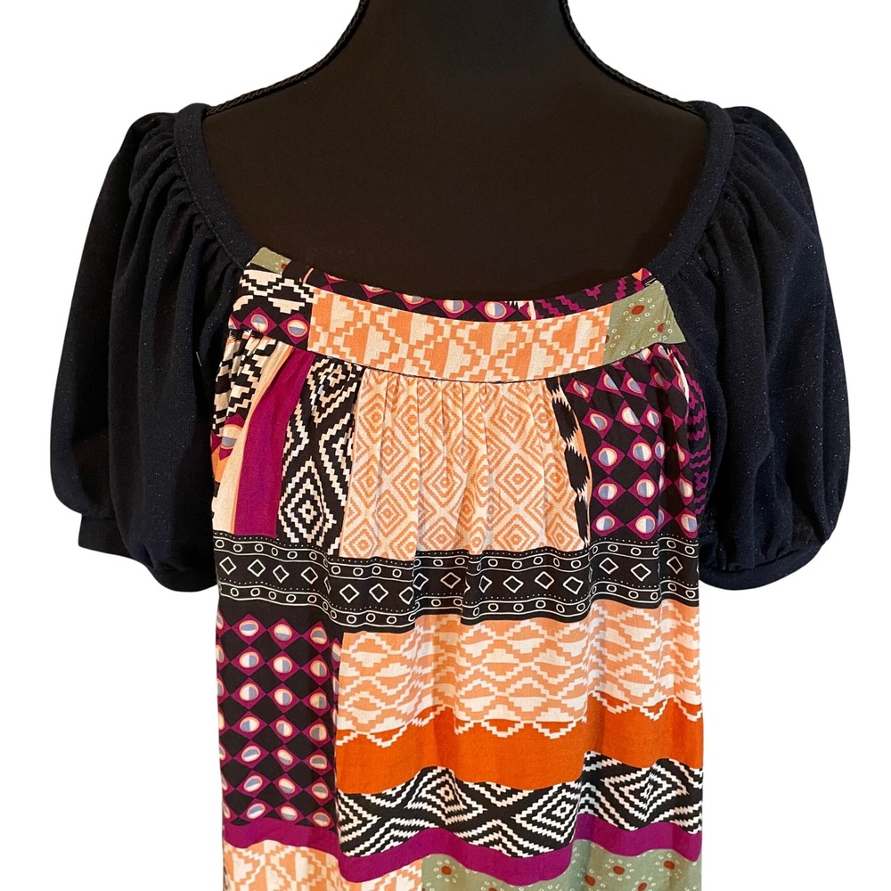 Maeve by Anthropologie Patchwork Geometric Puff Sleeve Blouse Multicolor Medium - Picture 2 of 6